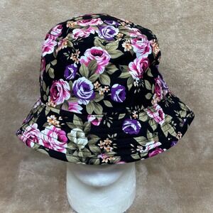 BK Womens Floral Bucket Hat Black Pink Purple Rose Print 100% Cotton One Size